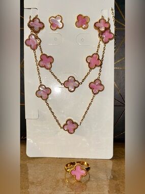 4 piece Set Pink Clover Motif Gold Necklace - Women's Fashion Jewelry